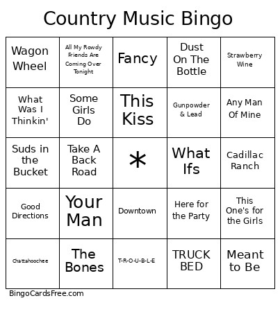 Country Music Bingo Card