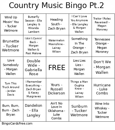 Country Music Pt.2 Bingo Card