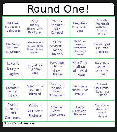Country N' Western Round One Bingo Card