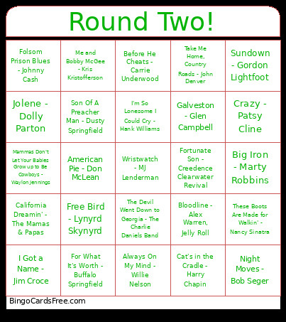 Country N Western Round Two Bingo Card
