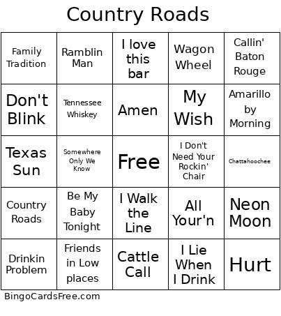Country Roads Bingo Card