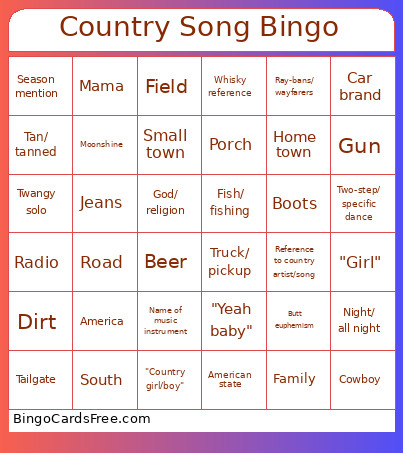 Country Song Bingo Card