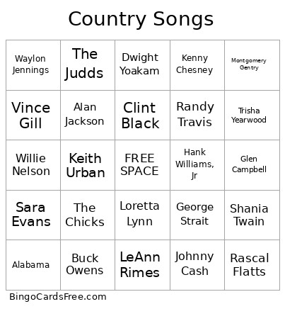 Country Songs Bingo Card