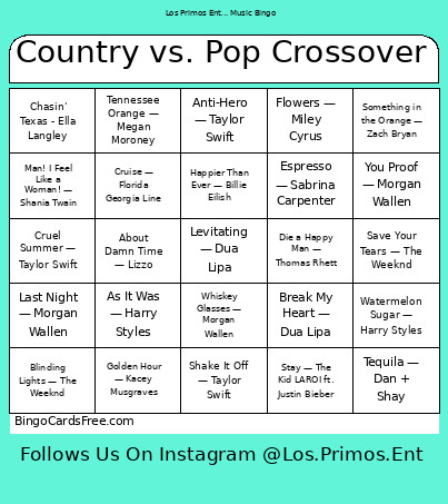 Country Vs. Pop Crossover Bingo Card