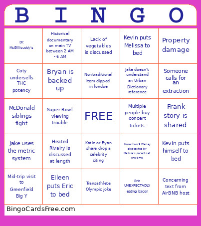 Cousins Ski Weekend Bingo Card