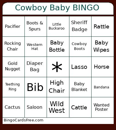 Cowboy Baby Shower Bingo Cards Free Pdf Printable Game, Title: Cowboy Baby BINGO