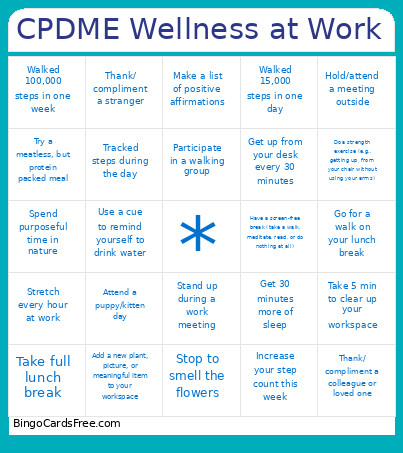 CPDME Wellness At Work Bingo Card