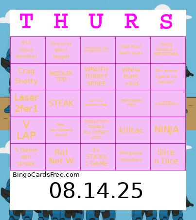 Crag Thursday 8.14.25 Bingo Card