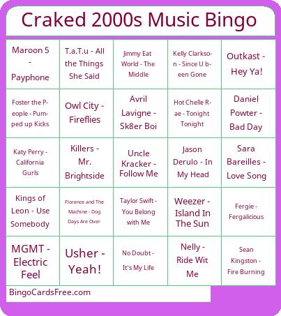 Craked 2000s Music Bingo