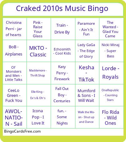 Craked 2010s Music Bingo