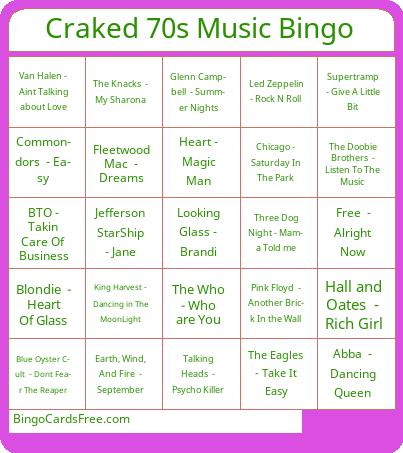 Craked 70s Music Bingo