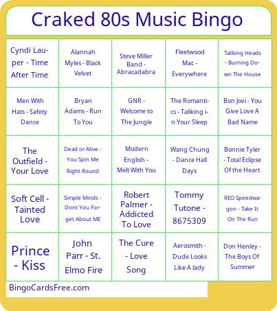 Craked 80s Music Bingo