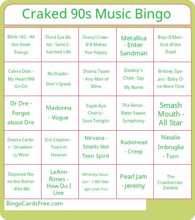 Craked 90s Music Bingo