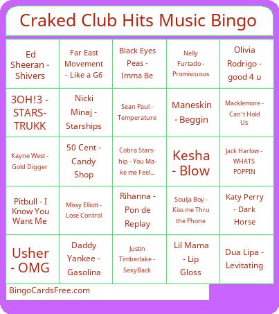 Craked Club Hits Music Bingo