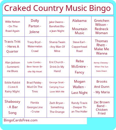 Craked Country Music Bingo