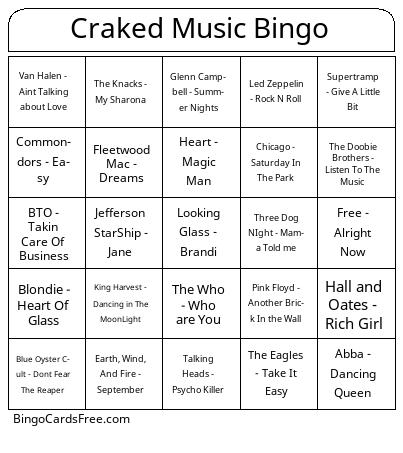 Craked 70s Bingo Cards Free Pdf Printable Game, Title: Craked Music Bingo