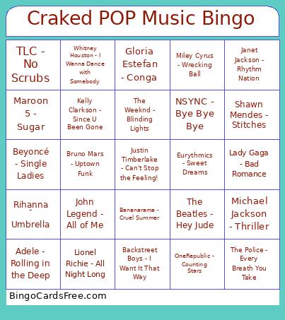 Craked POP Music Bingo