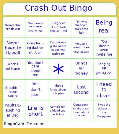 Crash out Bingo Cards Free Pdf Printable Game, Title: Crash Out Bingo