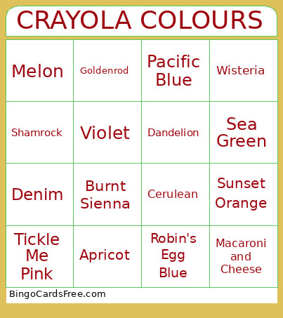 CRAYOLA COLOURS Bingo Card