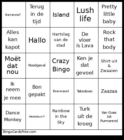 Crazy Anne May Liedjes Bingo Card