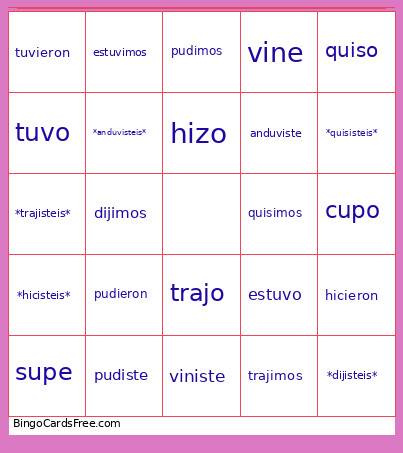 Crazy Preterit Pre-fix Verbs Bingo Card