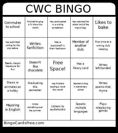 Creative Writing Club Bingo Card