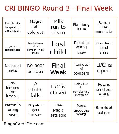 CRI Round 3 - Final Week Bingo Card