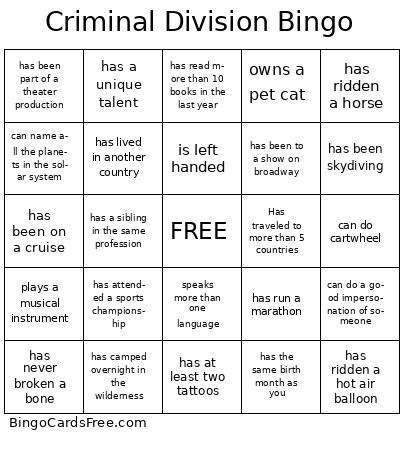 retreat Bingo Cards Free Pdf Printable Game, Title: Criminal Division Bingo