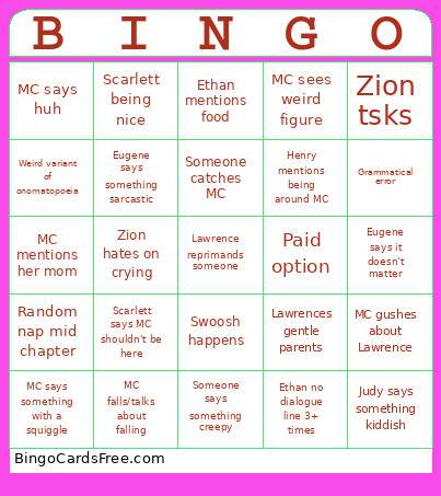 Cring Dating Sim Bingo Card