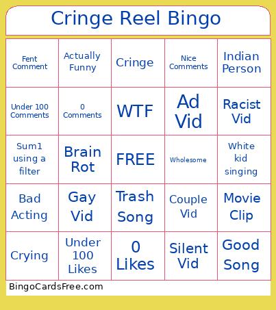 Cringe Reel Bingo Cards Free Pdf Printable Game, Title: Cringe Reel Bingo