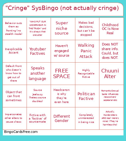 Cringe Sys (not Actually Cringe) Bingo Card