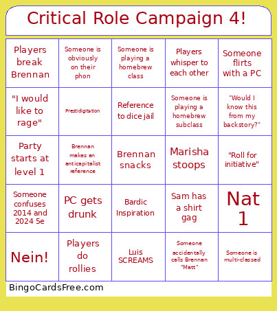 Critical Role Campaign 4! Bingo Card