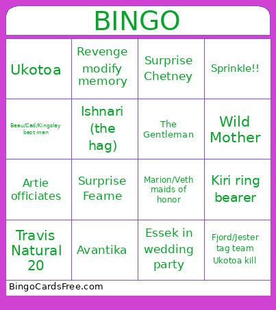 Critical Role Wedding Bingo Card