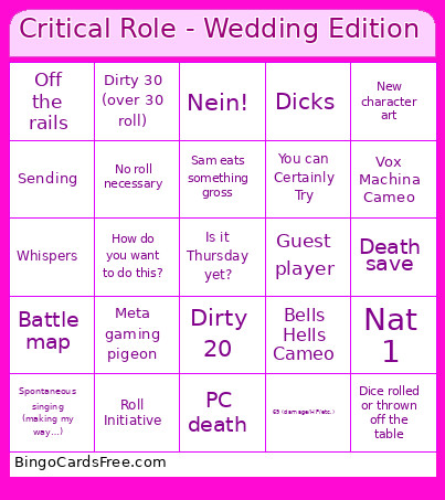 Critical Role - Wedding Edition Bingo Card