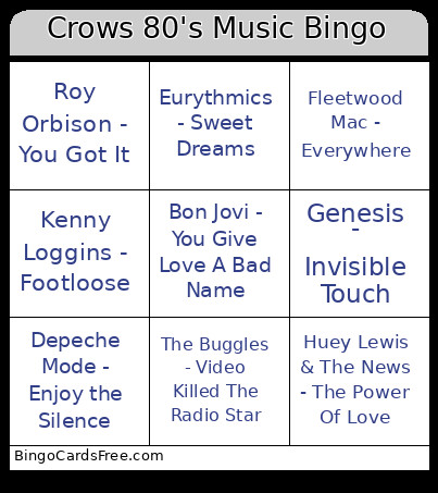 Crows 80's Music Bingo Card