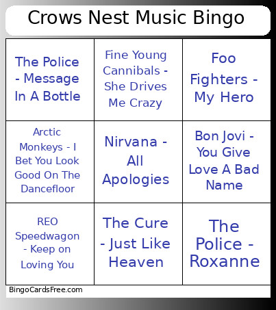 Crows Nest Music Bingo Card