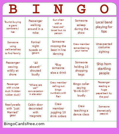 Cruise Bingo Card