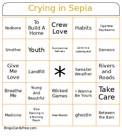 Crying In Sepia Bingo Card