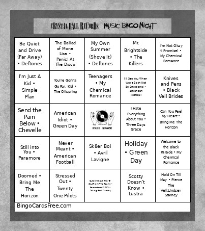 CRYSTAL BALL RECORDS - EMO NIGHT Bingo Card