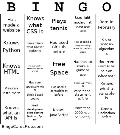 Cs Club Icebreaker Bingo Card