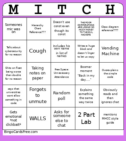 CS260 Bingo Card