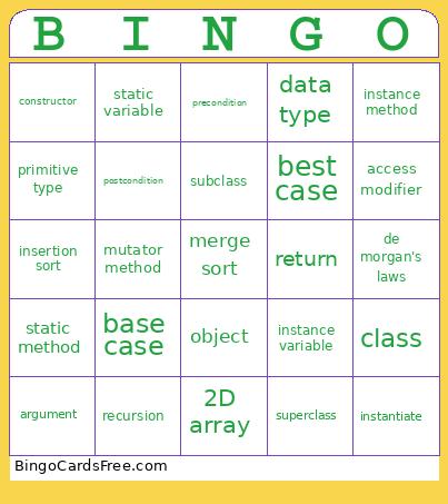 CSA Vocab Bingo Card