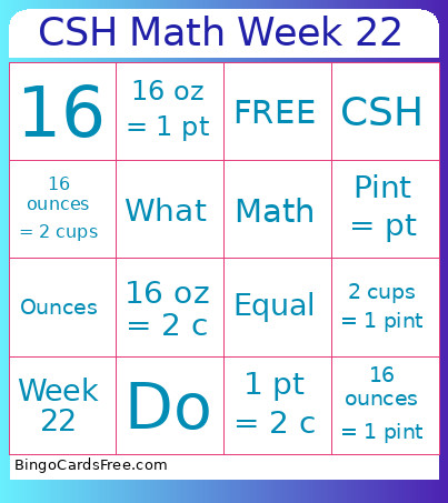 CSH Math Week 22 Bingo Card