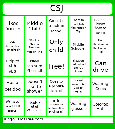 CSJ Youth Bingo Card
