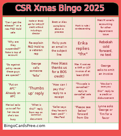 CSR Xmas 2025 Bingo Card