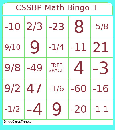 CSSBP Math 1 Bingo Card