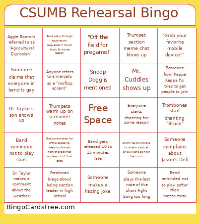 CSUMB Rehearsal Bingo Card