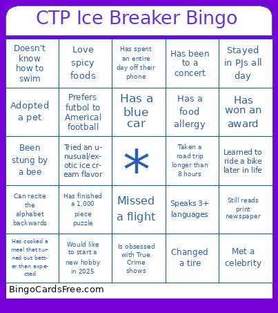 CTP Ice Breaker Bingo Cards Free Pdf Printable Game, Title: CTP Ice Breaker Bingo