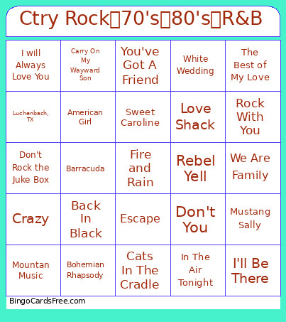 Ctry Rock 70's 80's R&B Bingo Card