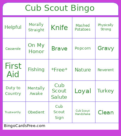 Cub Scout Bingo Card